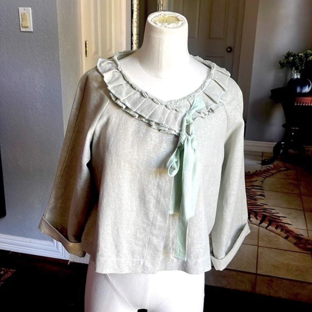 Maestro bolero style jacket mint green color hook and eye closure with a ribbon